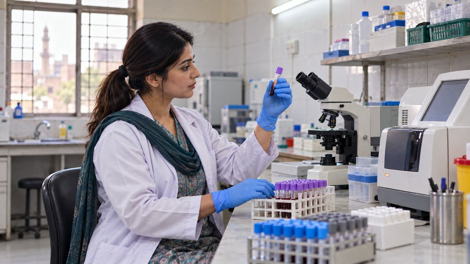 Illustration of a laboratory scientist checking blood sample tubes
