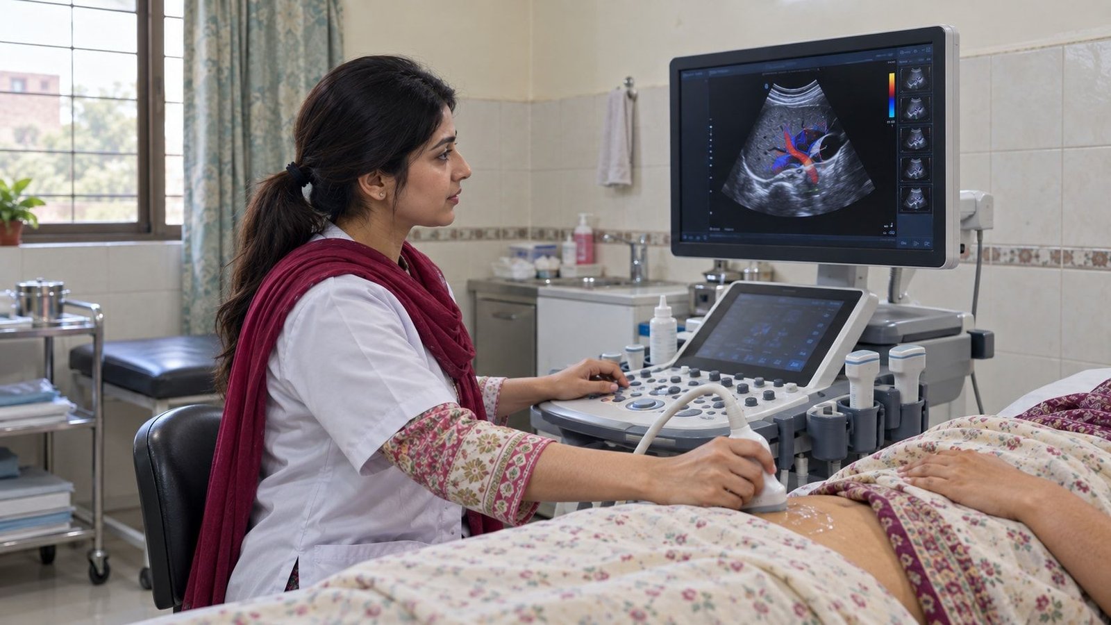 Illustration of a colour Doppler ultrasound image on screen