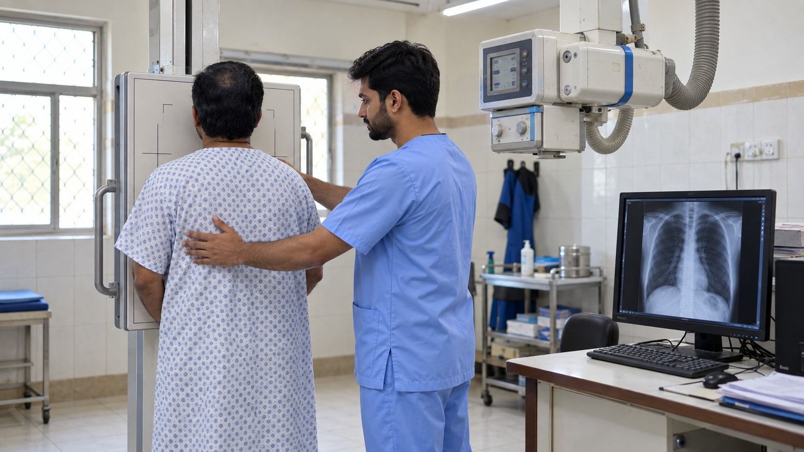 Illustration of a radiographer positioning a patient for a chest X-ray